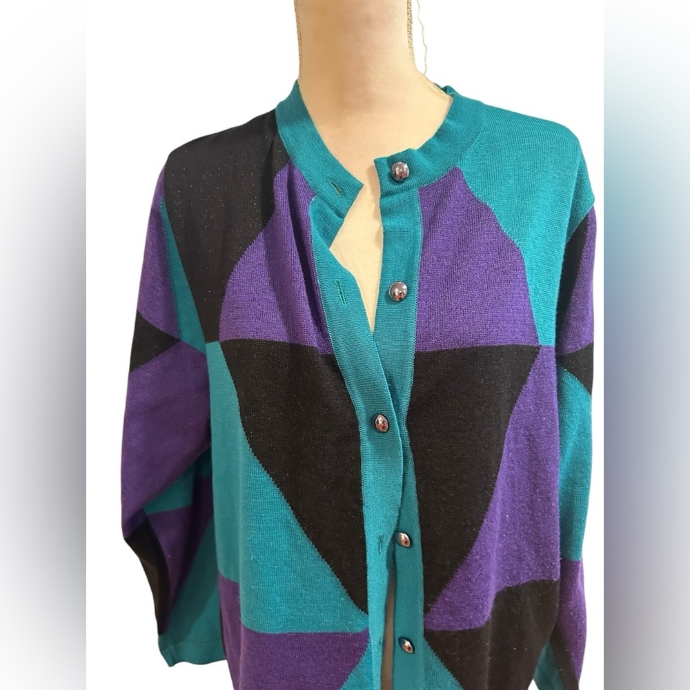 Vintage 80s FREYA Geometric Patterned Teal, Purple, and Black cardigan Sweater - Picture 2 of 5